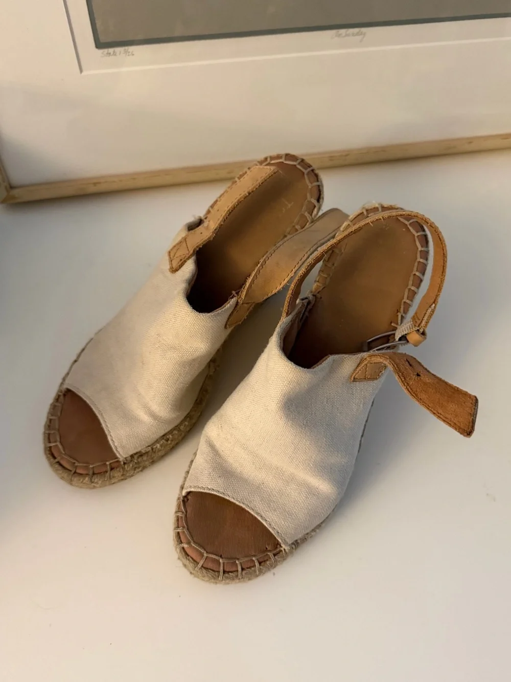 Toms Cream Canvas Espadrille Wedge Sandals